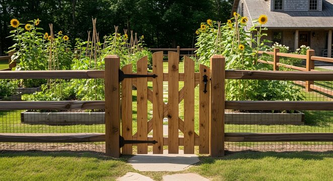 A charming wooden picket gate leading into a vibrant backyard garden with tall sunflowers and a rustic split-rail fence.