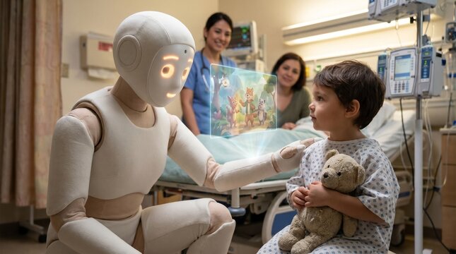 Gentle humanoid healthcare robot kneeling by a young child in a hospital bed with medical staff