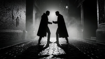 Obraz premium Silhouette of two men in coats meeting in a dark foggy alley. Cinematic film noir scene with high contrast light on cobblestone. Mystery and suspense concept, ideal for crime thriller book covers.