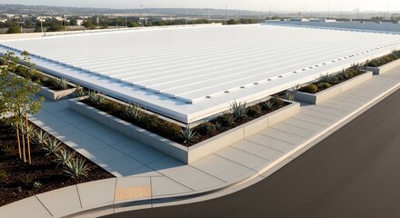 Fototapeta premium Aerial view of a modern, large white-roofed commercial building with landscaped surroundings and concrete walkways under a clear sky.