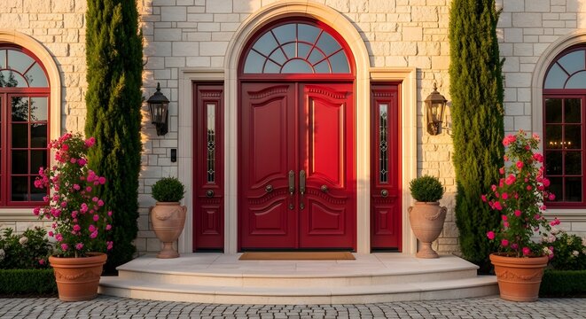 Grand entrance of a luxurious stone house featuring vibrant red double doors, elegant potted plants, and tall cypress trees under golden hour light.