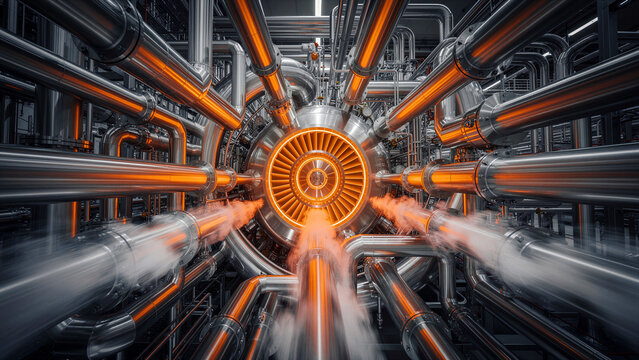 Futuristic turbine engine with glowing orange light and pressurized steam. Symmetrical steel pipes inside a high-tech power facility. Advanced energy concept for technology and industry marketing.