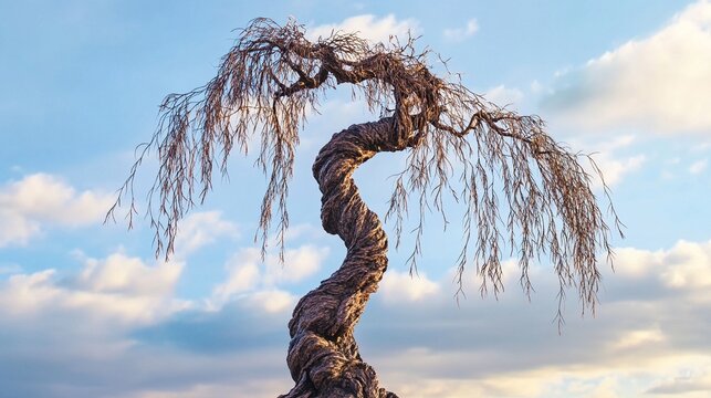 unnatural. A single twisted willow tree with gnarled branches against a plain sky. lifestyle magazines, social media lookbooks, designed for influencer and brand collaborations.