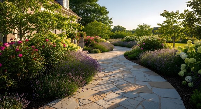 A winding flagstone path through a vibrant garden with lavender, hydrangeas, and roses under a sunny sky.