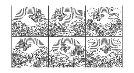 Floral ornament with butterflies and rainbows black and white vector illustration © Begum