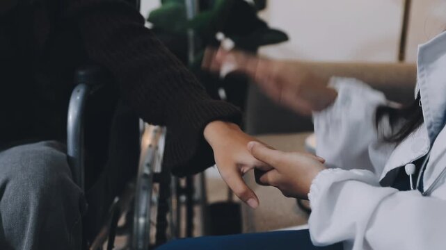 Doctor and patient closeup, holding hands and consultation support, healthcare services and sad news, test results or help. Clinic, medical professional or black people consulting, helping and advice