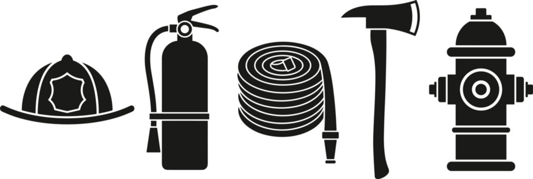 Firefighter Equipment Black Silhouette Icon Set with Helmet Extinguisher Hose Axe and Hydrant Symbols for Emergency Designs