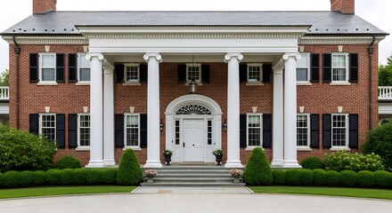Obraz premium A grand brick colonial-style house with a white columned portico, a circular driveway, and manicured landscaping.