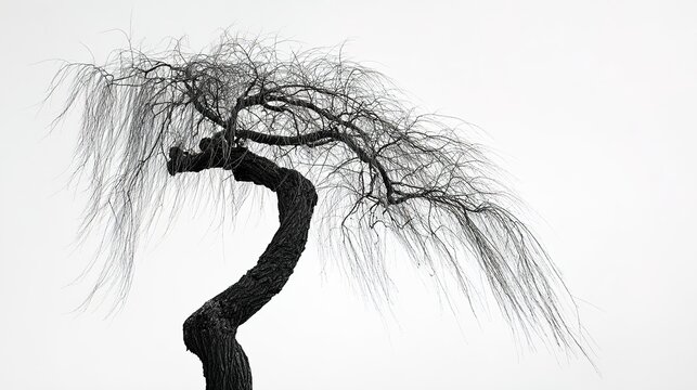 unnatural. A single twisted willow tree with gnarled branches against a plain sky. lifestyle magazines, social media lookbooks, designed for influencer and brand collaborations.