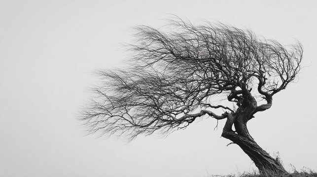 unnatural. A single twisted willow tree with gnarled branches against a plain sky. lifestyle magazines, social media lookbooks, designed for influencer and brand collaborations.