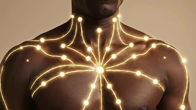 Close-Up Representation of Glowing Biotech Circuitry on Male Torso for Digital Health and Wellness Concepts