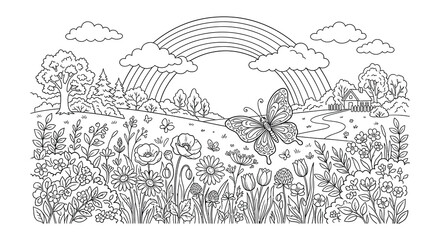 Floral ornament with butterflies and rainbows black and white vector illustration © Begum