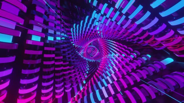 Hypnotic seamless VJ loop of a futuristic geometric spiral tunnel. Abstractvortex made of twisting blocks and digital structures, creating a deep perspective for stage screens and techno music events