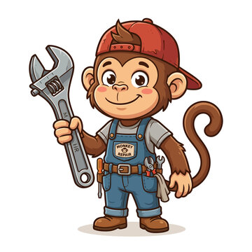 Cartoon monkey mechanic with wrench and tools