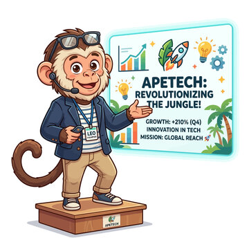 Cartoon monkey founder presenting tech company growth