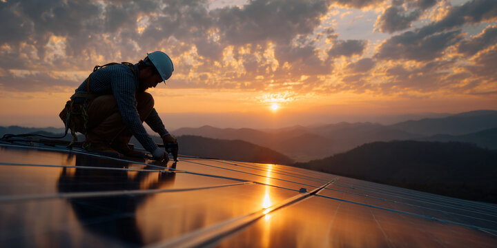 Solar Panel Worker on Roof at Sunset with Mountain View