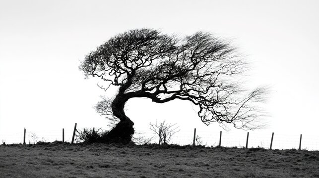 unnatural. A single twisted willow tree with gnarled branches against a plain sky. lifestyle magazines, social media lookbooks, designed for influencer and brand collaborations.