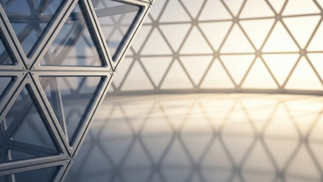 Geometric triangular glass framework inside modern dome structure.