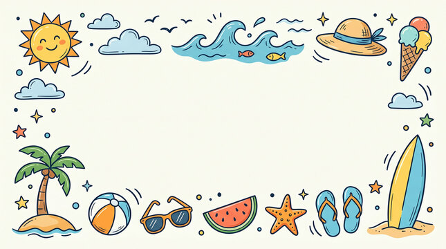 Whimsical Hand-Drawn Summer Beach Scene with Tropical Elements and Sunny Vibes