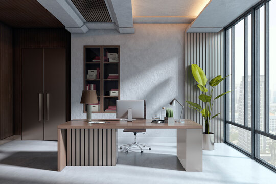 Modern luxury office workspace with large windows, elegant desk, premium interior design and sunlight-filled contemporary room. 3D Rendering