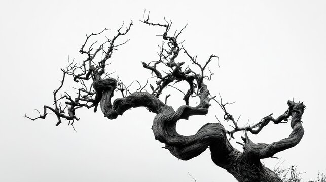 unnatural. A single twisted willow tree with gnarled branches against a plain sky. lifestyle magazines, social media lookbooks, designed for influencer and brand collaborations.