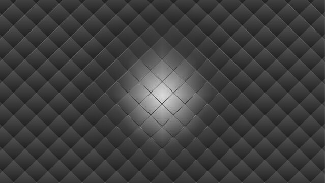 Dark quilted surface glows softly in center. Textured pattern features diamond shapes in subtle gradation. Soft light highlights create depth and contrast. Ideal for luxury, tech