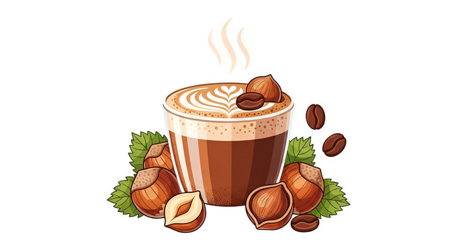 Steaming hazelnut latte with coffee art in a glass cup on black background
