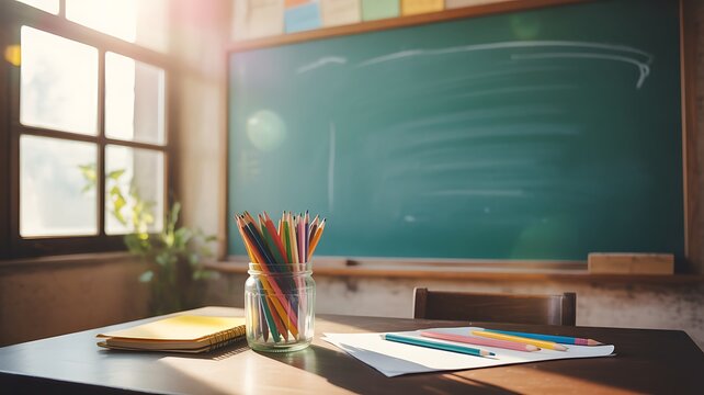 Bright classroom desk with school supplies and chalkboard in sunlight