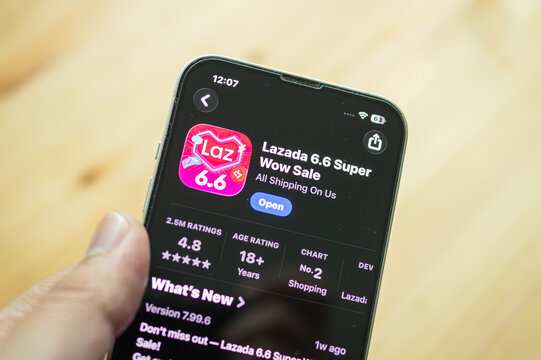 Chachoengsao, Thailand - June 7, 2026: Smartphone displaying the Lazada online shopping application