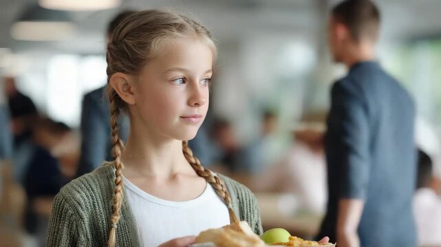 Young Girl With Braids Holds Lunch Tray in Cafeteria