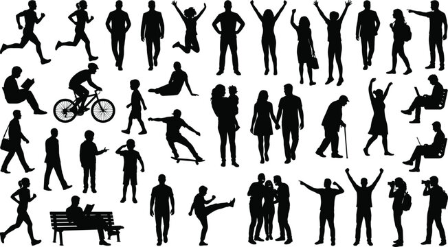 Collection of people silhouette poses showing lifestyle activities movement interaction and everyday human actions