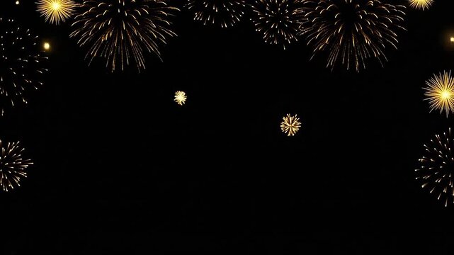 A festive border of bright golden fireworks against a deep black background