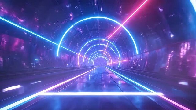 A futuristic tunnel illuminated by glowing neon rings and vibrant light streaks