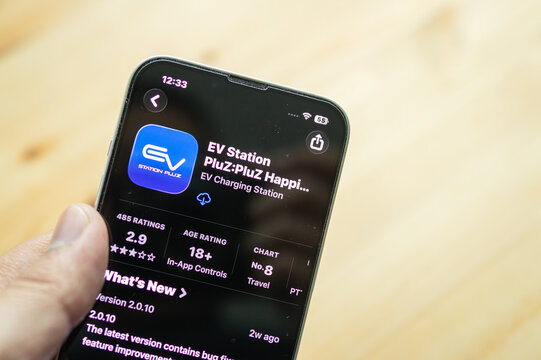 Chachoengsao, Thailand - June 7, 2026: Smartphone displaying the PTT EV Station pluz charging application