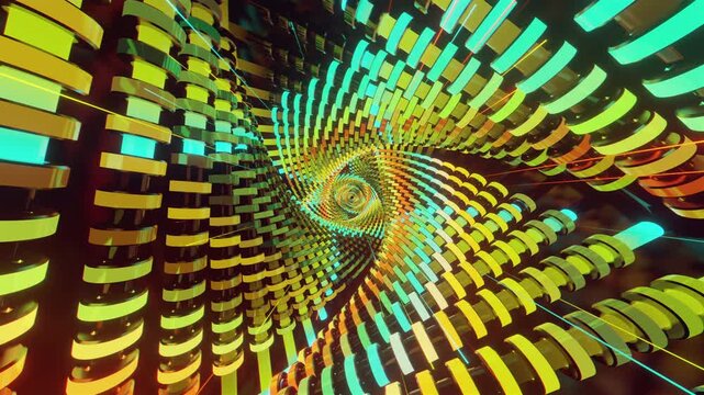 Hypnotic seamless VJ loop of a futuristic geometric spiral tunnel. Abstractvortex made of twisting blocks and digital structures, creating a deep perspective for stage screens and techno music events