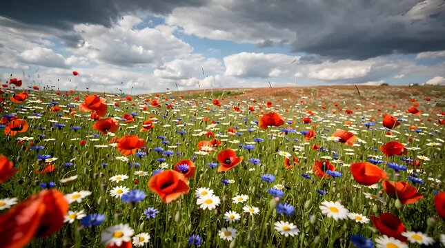 Wide shot of wildflower meadow with red poppies daisies and blue cornflowers under cloudy blue sky