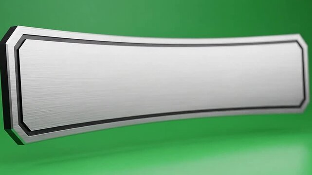A curved metallic sign plate floating against a solid green background