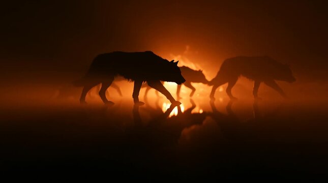 Shadowy silhouette of Cerberus pacing along the River Styx, illuminated by distant firelight, haunting atmospheric movement in a dark mythological underworld