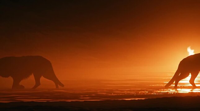 Shadowy silhouette of Cerberus pacing along the River Styx, illuminated by distant firelight, haunting atmospheric movement in a dark mythological underworld