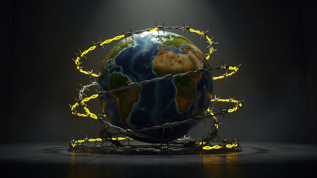 Planet Earth surrounded by glowing and metallic barbed wire. The globe is encircled by sharp metal fencing in a dark studio setting. Global conflict, border security, and geopolitical concept.