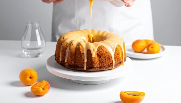 A bundt cake receiving a light apricot glaze drizzle on a white cake stand, showcasing a tempting sweet finish