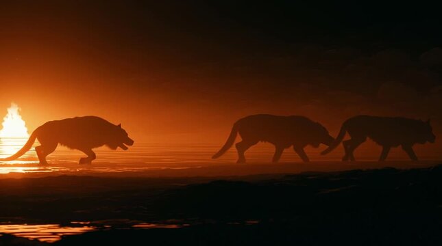 Shadowy silhouette of Cerberus pacing along the River Styx, illuminated by distant firelight, haunting atmospheric movement in a dark mythological underworld