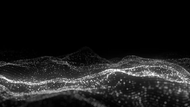 Futuristic technology wave. Digital cyberspace. Abstract wave with moving particles on a black background. Big data analytics. 3d rendering.