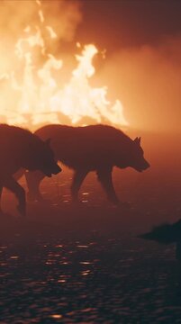 Shadowy silhouette of Cerberus pacing along the River Styx, illuminated by distant firelight, haunting atmospheric movement in a dark mythological underworld