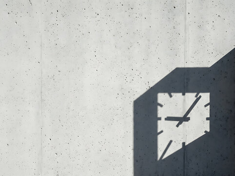 Minimalist analog clock shadow cast on industrial concrete wall representing time passage and modern architectural design