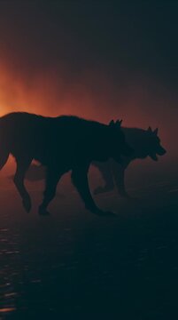 Shadowy silhouette of Cerberus pacing along the River Styx, illuminated by distant firelight, haunting atmospheric movement in a dark mythological underworld