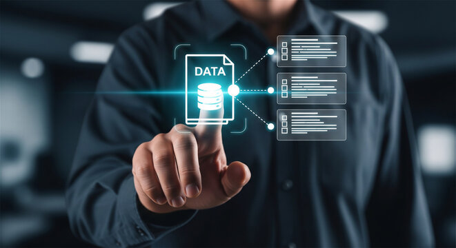 Digital data management interface, businessman touching virtual document icon, cloud storage and information processing concept