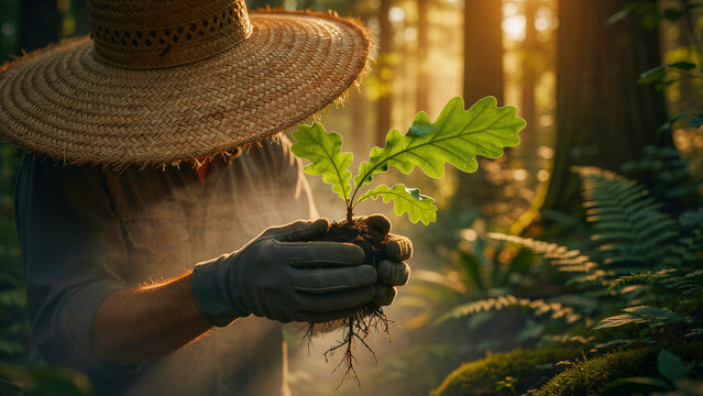 Hands in gloves holding an oak sapling in a golden sunlit forest. Gardener planting a tree for reforestation and environmental care. Ecology and climate concept for sustainability and green marketing.