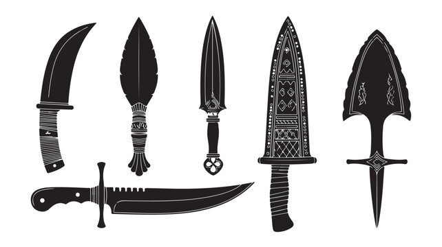 Ancient tribal dagger collection, set of 6 black silhouette knives and ornate blades, ethnic warrior weapons and historical hunting tools for game design