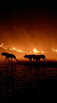 Shadowy silhouette of Cerberus pacing along the River Styx, illuminated by distant firelight, haunting atmospheric movement in a dark mythological underworld